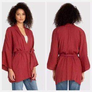 Johnny Was Calme Organic Cotton Gauze Casual Raw Hem Belted Stitch Kimono Duster